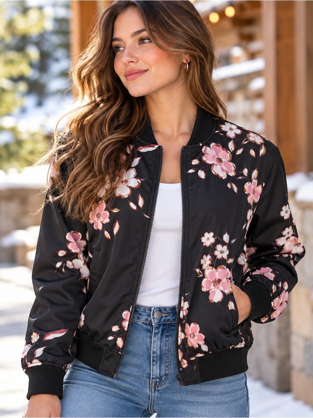 Fred David Women’s Floral Bomber Jacket M Black Pink Full Zip Lightweight